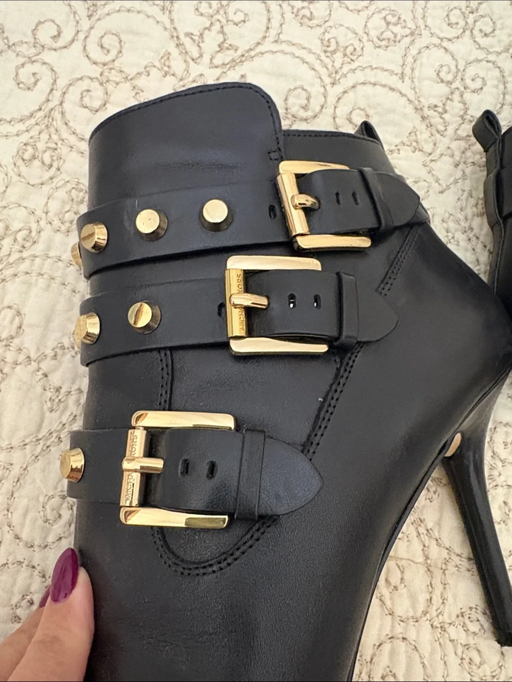 Michael Kors Bryn studded Black leather peek-Toe Buckle high heel ankle Boot 10
